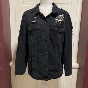 Boom Boom Jeans Women’s Black Ripped Holes Denim Jacket Pockets Top Size XL